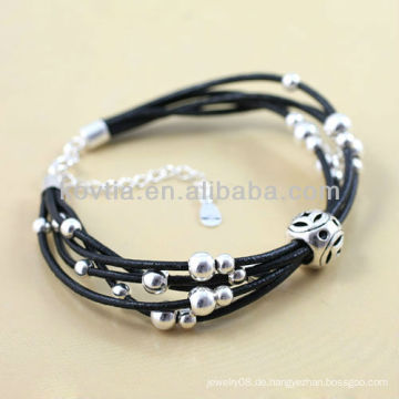 Schwarze lederne Kettenarmbänder 925 silberne Schmucksachearmbänder